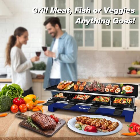 Raclette Grill, Techwood Electric Table Indoor Grill Korean BBQ Grill, Removable 2-in-1 Non-Stick Grill Plate, 1500W Fast Heating with 8 Cheese Melt Pans, Ideal for Parties and Family Fun (Blue) in Saudi Arabia