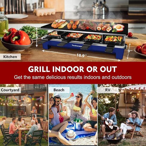 Raclette Grill, Techwood Electric Table Indoor Grill Korean BBQ Grill, Removable 2-in-1 Non-Stick Grill Plate, 1500W Fast Heating with 8 Cheese Melt Pans, Ideal for Parties and Family Fun (Blue) in Saudi Arabia