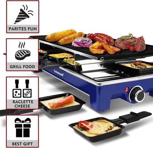 Raclette Grill, Techwood Electric Table Indoor Grill Korean BBQ Grill, Removable 2-in-1 Non-Stick Grill Plate, 1500W Fast Heating with 8 Cheese Melt Pans, Ideal for Parties and Family Fun (Blue) in Saudi Arabia