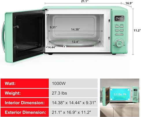 Galanz GLCMKA07GNR-07 Retro Microwave Oven, LED Lighting, Pull Handle Design, Child Lock, Surf Green, 0.7 cu ft in Kuwait