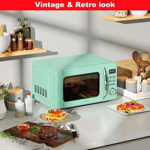Galanz GLCMKA07GNR-07 Retro Microwave Oven, LED Lighting, Pull Handle Design, Child Lock, Surf Green, 0.7 cu ft in Kuwait