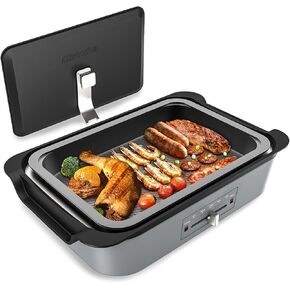 شواية كهربائية متعددة الوظائف من ميشكديا، شواية داخلية كبيرة بدون دخان، وعاء ساخن وبخار، مع لوحة غير لاصقة قابلة للإزالة، تحكم في درجة الحرارة 4 مستويات، 3 لتر، 1200 وات، رمادي in Kuwait