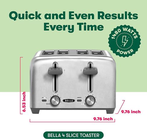 BELLA Stainless Steel 2 Slice Toaster with Extra Wide Slots & Removable Crumb Tray - 6 Browning Options, Auto Shut Off & Reheat Function - Toast Bread, Bagel & Waffle in Saudi Arabia