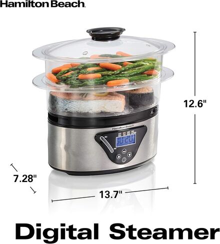 Hamilton Beach Digital Electric Food Steamer & Rice Cooker for Quick, Healthy Cooking for Vegetables and Seafood, Stackable Two-Tier Bowls, 5.5 Quart, Black & Stainless Steel in Kuwait