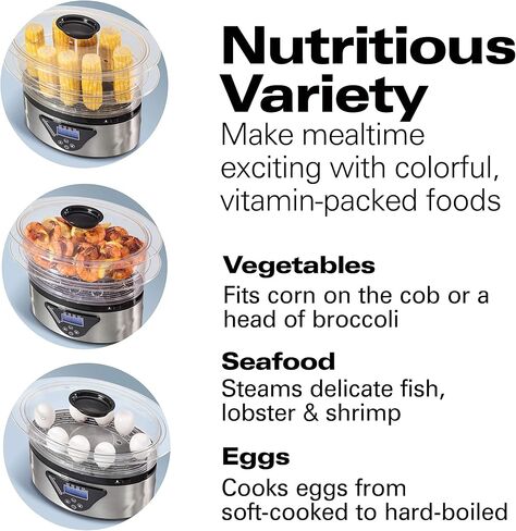 Hamilton Beach Digital Electric Food Steamer & Rice Cooker for Quick, Healthy Cooking for Vegetables and Seafood, Stackable Two-Tier Bowls, 5.5 Quart, Black & Stainless Steel in Kuwait