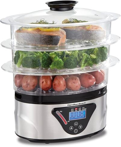 Hamilton Beach Digital Electric Food Steamer & Rice Cooker for Quick, Healthy Cooking for Vegetables and Seafood, Stackable Two-Tier Bowls, 5.5 Quart, Black & Stainless Steel in Kuwait