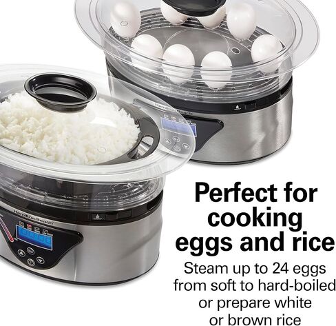 Hamilton Beach Digital Electric Food Steamer & Rice Cooker for Quick, Healthy Cooking for Vegetables and Seafood, Stackable Two-Tier Bowls, 5.5 Quart, Black & Stainless Steel in Kuwait