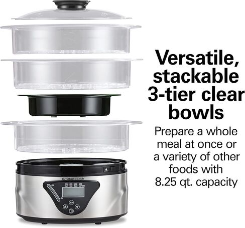 Hamilton Beach Digital Electric Food Steamer & Rice Cooker for Quick, Healthy Cooking for Vegetables and Seafood, Stackable Two-Tier Bowls, 5.5 Quart, Black & Stainless Steel in Kuwait