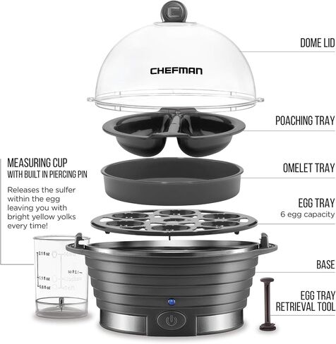 Chefman Egg-Maker Rapid Poacher, Food & Vegetable Steamer, Quickly Makes Up to 6, Hard, Medium or Soft Boiled, Poaching/Omelet Tray Included, Ready Signal, BPA-Free, BLACK in Saudi Arabia