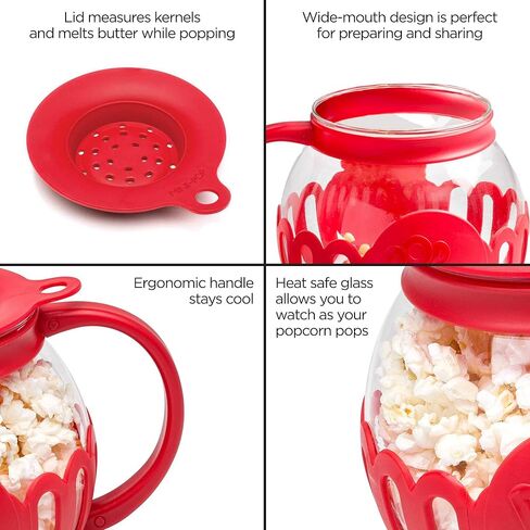 براءة اختراع Ecolution Micro-Pop Micro-Pop Popcorn Popcorn مع زجاج آمن لدرجة الحرارة، غطاء 3 في 1 يقيس النواة ويذوب الزبدة، مصنوع بدون BPA، آمن للاستخدام في غسالة الأطباق، 3 كوارت، أحمر in Kuwait