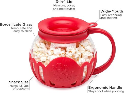براءة اختراع Ecolution Micro-Pop Micro-Pop Popcorn Popcorn مع زجاج آمن لدرجة الحرارة، غطاء 3 في 1 يقيس النواة ويذوب الزبدة، مصنوع بدون BPA، آمن للاستخدام في غسالة الأطباق، 3 كوارت، أحمر in Kuwait