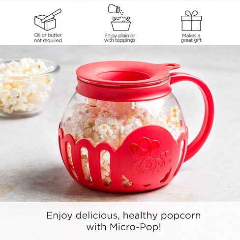 براءة اختراع Ecolution Micro-Pop Micro-Pop Popcorn Popcorn مع زجاج آمن لدرجة الحرارة، غطاء 3 في 1 يقيس النواة ويذوب الزبدة، مصنوع بدون BPA، آمن للاستخدام في غسالة الأطباق، 3 كوارت، أحمر in Kuwait