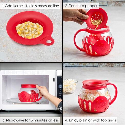 براءة اختراع Ecolution Micro-Pop Micro-Pop Popcorn Popcorn مع زجاج آمن لدرجة الحرارة، غطاء 3 في 1 يقيس النواة ويذوب الزبدة، مصنوع بدون BPA، آمن للاستخدام في غسالة الأطباق، 3 كوارت، أحمر in Kuwait