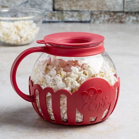 براءة اختراع Ecolution Micro-Pop Micro-Pop Popcorn Popcorn مع زجاج آمن لدرجة الحرارة، غطاء 3 في 1 يقيس النواة ويذوب الزبدة، مصنوع بدون BPA، آمن للاستخدام في غسالة الأطباق، 3 كوارت، أحمر in Kuwait