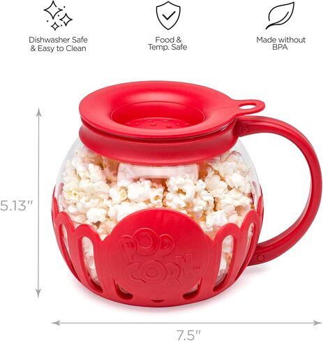 براءة اختراع Ecolution Micro-Pop Micro-Pop Popcorn Popcorn مع زجاج آمن لدرجة الحرارة، غطاء 3 في 1 يقيس النواة ويذوب الزبدة، مصنوع بدون BPA، آمن للاستخدام في غسالة الأطباق، 3 كوارت، أحمر in Kuwait