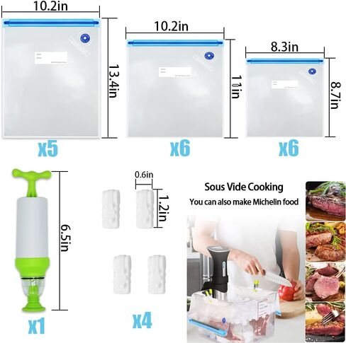Sous Vide Bags 22 Pack Reusable Vacuum Food Storage Bags Kit, with 3 Sizes Vacuum Food Bags,1 Hand Pump, 4 Sealing Clips for Food Storage and Sous Vide Cooking in Saudi Arabia