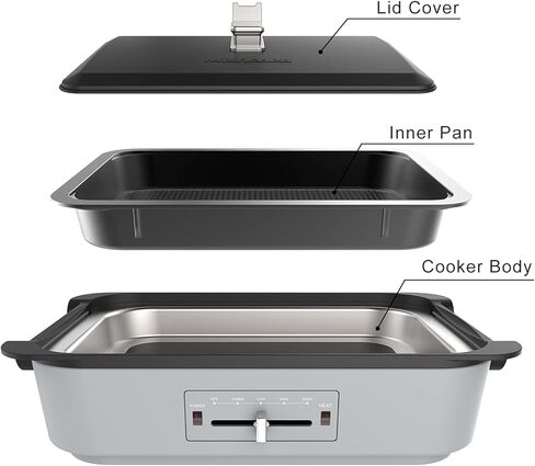 شواية كهربائية متعددة الوظائف من ميشكديا، شواية داخلية كبيرة بدون دخان، وعاء ساخن وبخار، مع لوحة غير لاصقة قابلة للإزالة، تحكم في درجة الحرارة 4 مستويات، 3 لتر، 1200 وات، رمادي in Kuwait