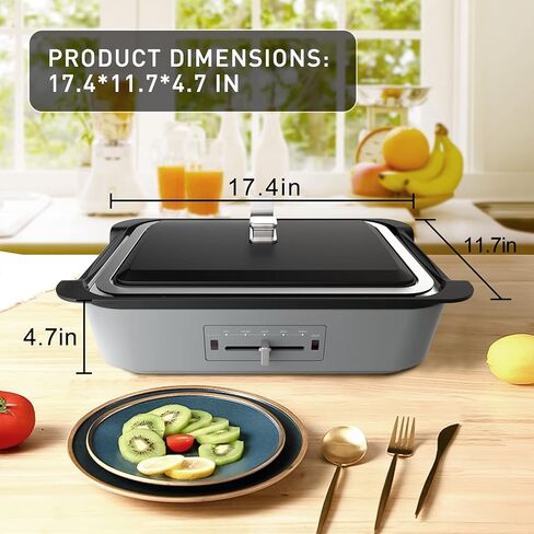 شواية كهربائية متعددة الوظائف من ميشكديا، شواية داخلية كبيرة بدون دخان، وعاء ساخن وبخار، مع لوحة غير لاصقة قابلة للإزالة، تحكم في درجة الحرارة 4 مستويات، 3 لتر، 1200 وات، رمادي in Kuwait