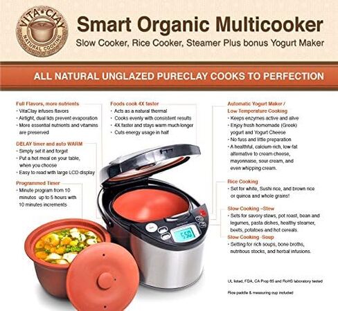 VitaClay Smart Organic Clay Pot Multi Cooker - Toxin Free Clay Rice Cooker, Delay Start Slow Cooker, Stew Cooker, Electric Soup Pot, Yogurt Maker, with Natural Earthen Clay Crock, 8 Cup / 4.2-Quart in Saudi Arabia