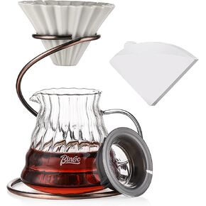 Bincoo Pour Over Coffee Maker Set With Ceramic Cone Filter ,Glass Coffee Pot,Metal Stand,20 oz Borosilicate Glass Coffee Carafe Brewer Kit With Paper Filter 50 Sheets (Glass, Transparent) in Kuwait