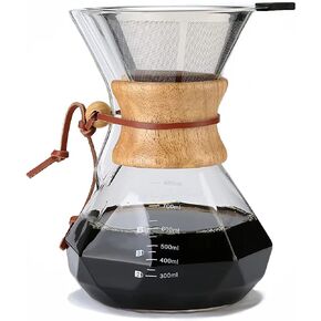 Lalord Pour Over Coffee Maker, 600ml/20oz Borosilicate Glass Carafe with Stainless Steel Filter & Wooden Collar, 3-4 Cups Capacity, Clear in Kuwait