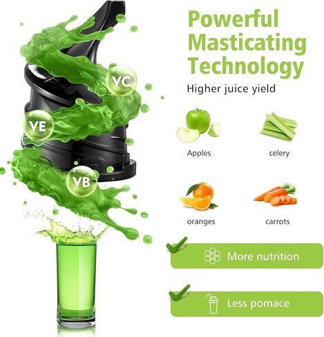 عصارة المضغ البطيئة AAOBOSI، ماكينة عصارة ضغط بارد كبيرة الحجم 80 مم مع فتحتين للحشو، وظيفة عكسية ومحرك هادئ لخضروات الفواكه ذات المغذيات العالية in Kuwait
