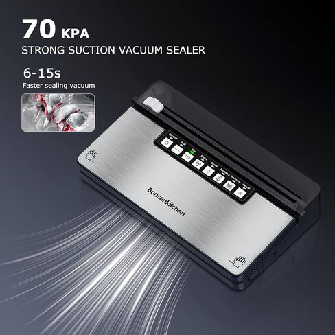 آلة تفريغ الهواء من Bonsenkitchen، ماكينة غلق الطعام بالتفريغ بقوة 70 كيلو باسكال مع نظام غلق بالتفريغ 8 في 1، 6 أوضاع لتفريغ الطعام، قطاعة مدمجة وتخزين الحقائب، تصميم مدمج مع مجموعة أدوات للمبتدئين (فضي) in Kuwait