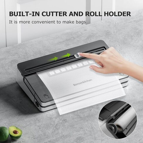 آلة تفريغ الهواء من Bonsenkitchen، ماكينة غلق الطعام بالتفريغ بقوة 70 كيلو باسكال مع نظام غلق بالتفريغ 8 في 1، 6 أوضاع لتفريغ الطعام، قطاعة مدمجة وتخزين الحقائب، تصميم مدمج مع مجموعة أدوات للمبتدئين (فضي) in Kuwait