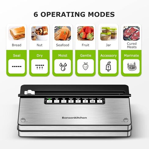 آلة تفريغ الهواء من Bonsenkitchen، ماكينة غلق الطعام بالتفريغ بقوة 70 كيلو باسكال مع نظام غلق بالتفريغ 8 في 1، 6 أوضاع لتفريغ الطعام، قطاعة مدمجة وتخزين الحقائب، تصميم مدمج مع مجموعة أدوات للمبتدئين (فضي) in Kuwait