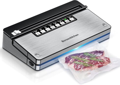آلة تفريغ الهواء من Bonsenkitchen، ماكينة غلق الطعام بالتفريغ بقوة 70 كيلو باسكال مع نظام غلق بالتفريغ 8 في 1، 6 أوضاع لتفريغ الطعام، قطاعة مدمجة وتخزين الحقائب، تصميم مدمج مع مجموعة أدوات للمبتدئين (فضي) in Kuwait