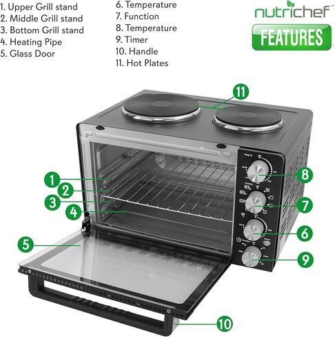 NutriChefKitchen 30 Quarts Kitchen Convection Oven - 1400 Watt Countertop, Rotisserie Roaster Grill, Top Rack, Dual Hot Plates, Toaster, Baking Tray, PKRTO29 in Kuwait