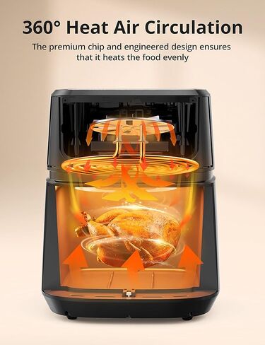 مقلاة هوائية، مقلاة هوائية مدمجة 8 في 1 سعة 5.3 لتر مع نافذة طهي مرئية، فرن مقلاة هوائية بشاشة LCD تعمل باللمس لوجبات سريعة وسهلة، حماية من الحرارة الزائدة، آمنة للاستخدام في غسالة الأطباق وسلة غير لاصقة، أسود in Kuwait