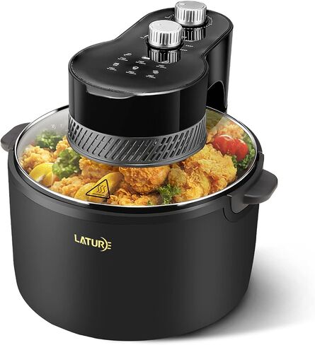 LATURE 5.5 QT Air Fryer Timer & Temperature Controls, with Glass Lid, Dishwasher Safe and Non-stick Basket, 1100W, Oil-Less Healthy Cooker MET Certified with Recipes (Black-Glass Lid) in Saudi Arabia