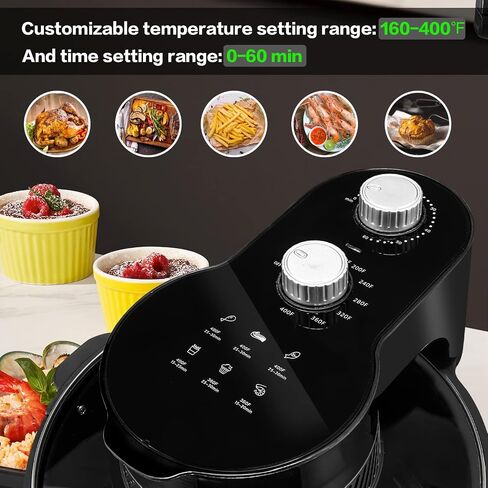 LATURE 5.5 QT Air Fryer Timer & Temperature Controls, with Glass Lid, Dishwasher Safe and Non-stick Basket, 1100W, Oil-Less Healthy Cooker MET Certified with Recipes (Black-Glass Lid) in Saudi Arabia