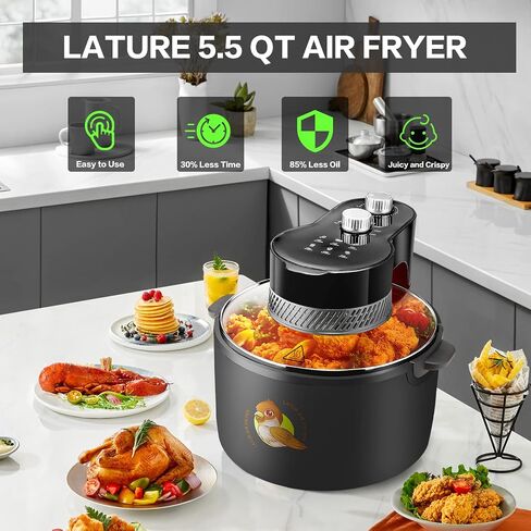 LATURE 5.5 QT Air Fryer Timer & Temperature Controls, with Glass Lid, Dishwasher Safe and Non-stick Basket, 1100W, Oil-Less Healthy Cooker MET Certified with Recipes (Black-Glass Lid) in Saudi Arabia