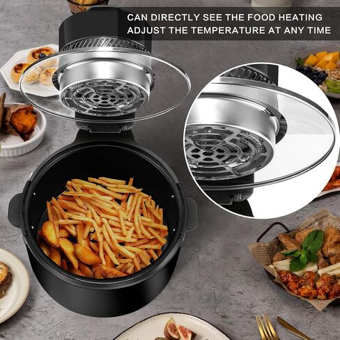 LATURE 5.5 QT Air Fryer Timer & Temperature Controls, with Glass Lid, Dishwasher Safe and Non-stick Basket, 1100W, Oil-Less Healthy Cooker MET Certified with Recipes (Black-Glass Lid) in Saudi Arabia