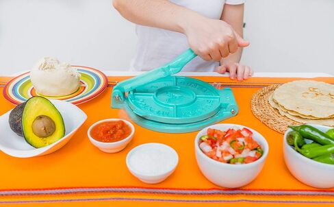 مكبس تورتيلا 8 انش تركواز - الة صنع التورتيلا من الالومنيوم المصبوب - مكبس تاكو شديد التحمل - صنع في المكسيك لطحين الذرة والطعام المكسيكي المنزلي - تورتيليرا بارا هاسر تورتيلا - 2.5 باوند in Kuwait