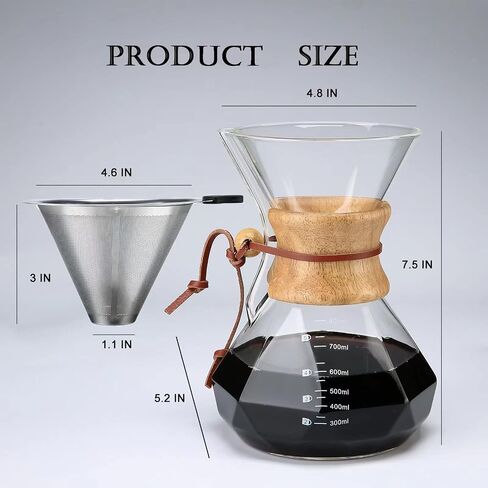 Lalord Pour Over Coffee Maker, 600ml/20oz Borosilicate Glass Carafe with Stainless Steel Filter & Wooden Collar, 3-4 Cups Capacity, Clear in Kuwait