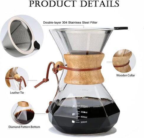 Lalord Pour Over Coffee Maker, 600ml/20oz Borosilicate Glass Carafe with Stainless Steel Filter & Wooden Collar, 3-4 Cups Capacity, Clear in Kuwait