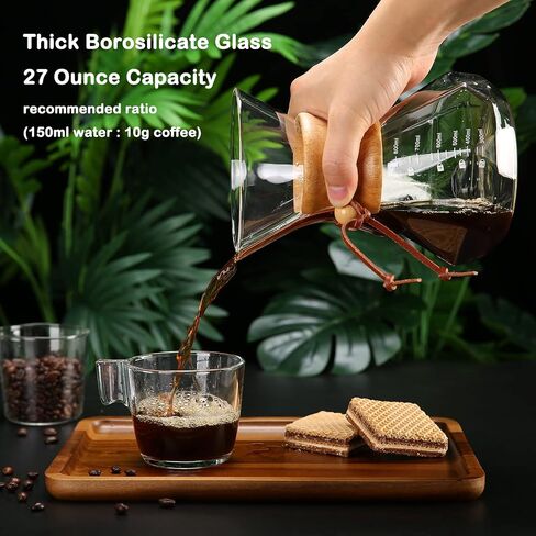 Lalord Pour Over Coffee Maker, 600ml/20oz Borosilicate Glass Carafe with Stainless Steel Filter & Wooden Collar, 3-4 Cups Capacity, Clear in Kuwait