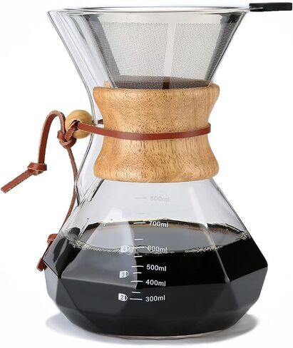 Lalord Pour Over Coffee Maker, 600ml/20oz Borosilicate Glass Carafe with Stainless Steel Filter & Wooden Collar, 3-4 Cups Capacity, Clear in Kuwait