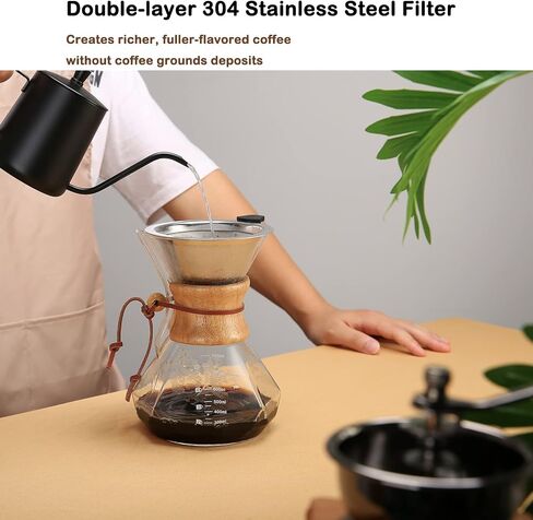Lalord Pour Over Coffee Maker, 600ml/20oz Borosilicate Glass Carafe with Stainless Steel Filter & Wooden Collar, 3-4 Cups Capacity, Clear in Kuwait