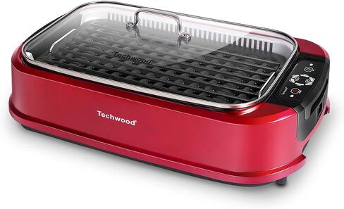 Techwood Indoor Smokeless Grill, 1500W Electric BBQ Grill and Non-Stick Grill Plates with Temperature Control, Removable Drip Tray, Tempered Glass Lid, Red in Saudi Arabia