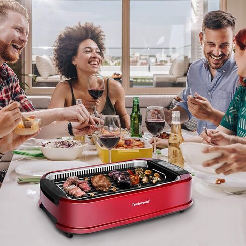 Techwood Indoor Smokeless Grill, 1500W Electric BBQ Grill and Non-Stick Grill Plates with Temperature Control, Removable Drip Tray, Tempered Glass Lid, Red in Saudi Arabia