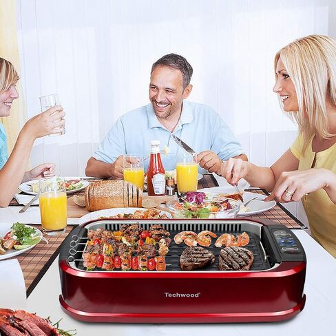 Techwood Indoor Smokeless Grill, 1500W Electric BBQ Grill and Non-Stick Grill Plates with Temperature Control, Removable Drip Tray, Tempered Glass Lid, Red in Saudi Arabia
