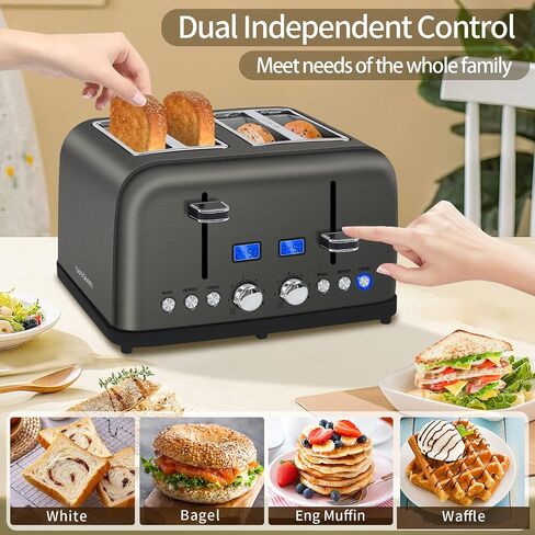 SEEDEEM Toaster 4 Slice, LCD Display, 6 Shade Settings, 1.5'' Wide Slots, Digital Stainless Toaster for Bagel, Defrost, Reheat, Dual Control, Removable Crumb Tray, 1500W, Dark Metallic in Kuwait