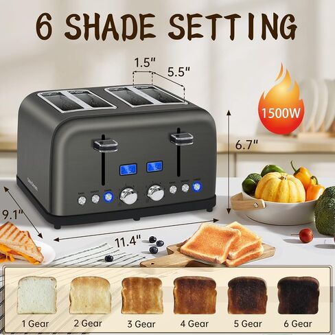 SEEDEEM Toaster 4 Slice, LCD Display, 6 Shade Settings, 1.5'' Wide Slots, Digital Stainless Toaster for Bagel, Defrost, Reheat, Dual Control, Removable Crumb Tray, 1500W, Dark Metallic in Kuwait