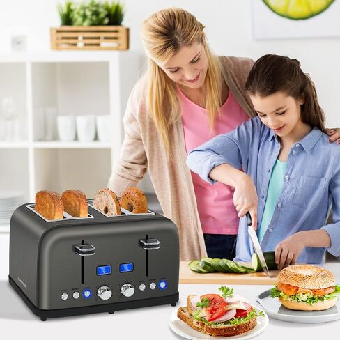 SEEDEEM Toaster 4 Slice, LCD Display, 6 Shade Settings, 1.5'' Wide Slots, Digital Stainless Toaster for Bagel, Defrost, Reheat, Dual Control, Removable Crumb Tray, 1500W, Dark Metallic in Kuwait