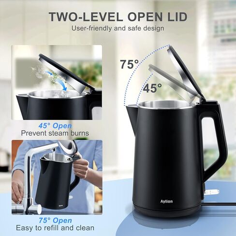 غلاية كهربائية، غلاية شاي كهربائية بجدار داخلي مزدوج من الفولاذ المقاوم للصدأ بنسبة 100%، غلاية مياه ذات ملمس بارد بقدرة 1500 وات، سعة 1.5 لتر، خالية من مادة BPA مع إيقاف تلقائي وحماية من الغليان الجاف، قاعدة لاسلكية ومؤشر LED in Kuwait