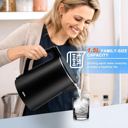 غلاية كهربائية، غلاية شاي كهربائية بجدار داخلي مزدوج من الفولاذ المقاوم للصدأ بنسبة 100%، غلاية مياه ذات ملمس بارد بقدرة 1500 وات، سعة 1.5 لتر، خالية من مادة BPA مع إيقاف تلقائي وحماية من الغليان الجاف، قاعدة لاسلكية ومؤشر LED in Kuwait